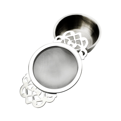 Infusor de té plateado con cuenco para goteo
