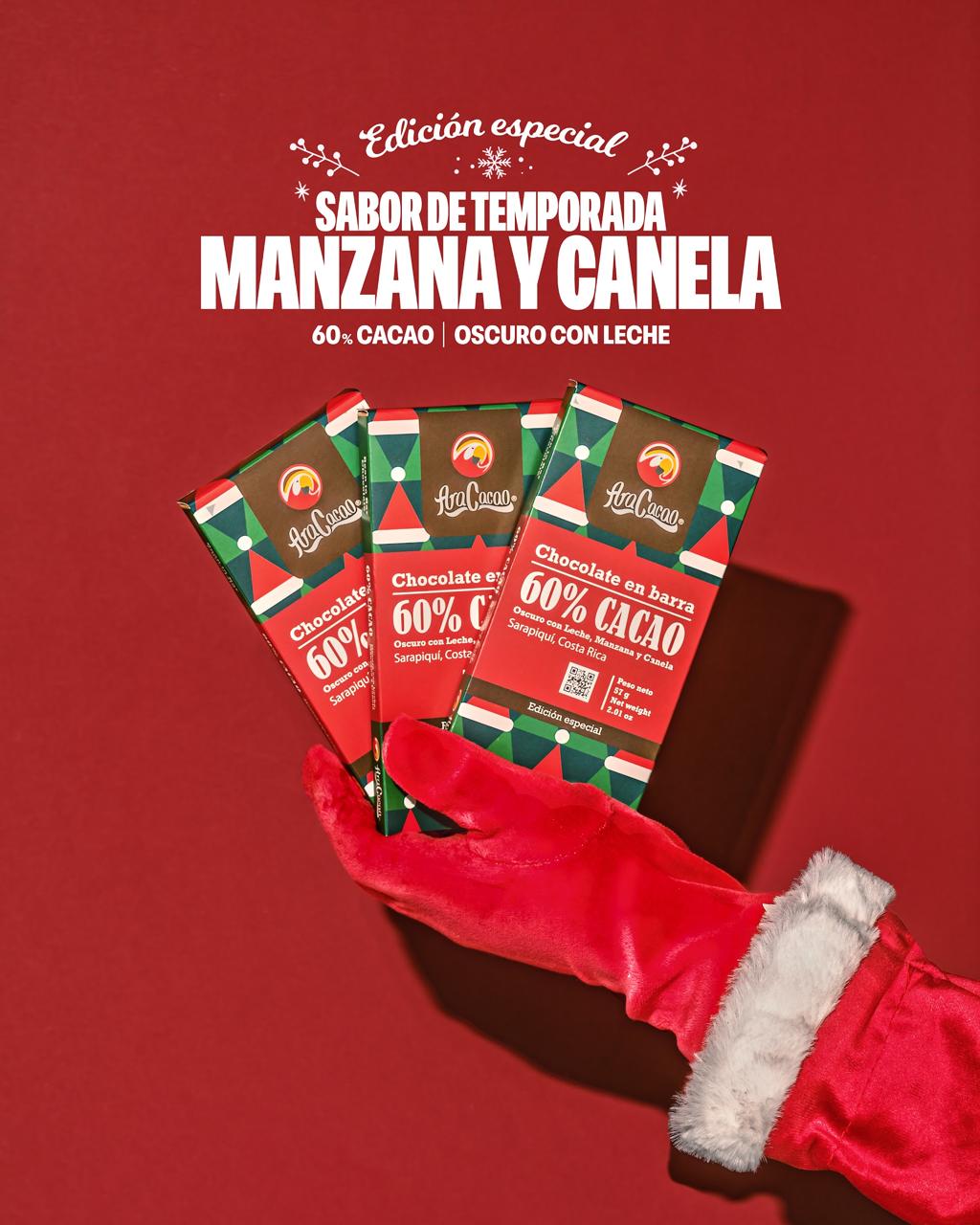 Barra Chocolate Ara Cacao Navideño 60%, manzana y canela