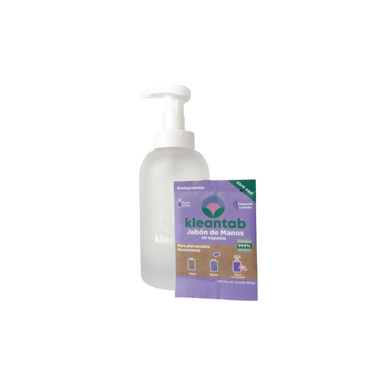 Kit Jabón para manos + botella vidrio Kleantab  lavanda 8 g (Rinde 275 ml)